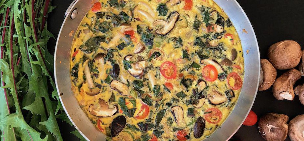 Frittata with Dandelion Greens, Cherry Tomatoes, Mushrooms and Serrano Pepper Recipe | SideChef