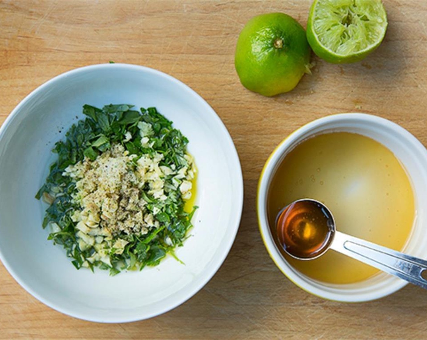 step 3 Chop the Garlic (6 cloves) and Fresh Cilantro (1/2 cup). In a small bowl, mix the juice from Limes (2), cilantro, garlic, Honey (1 Tbsp), Olive Oil (1 Tbsp), Salt (1/2 tsp) and Ground Black Pepper (1/4 tsp).