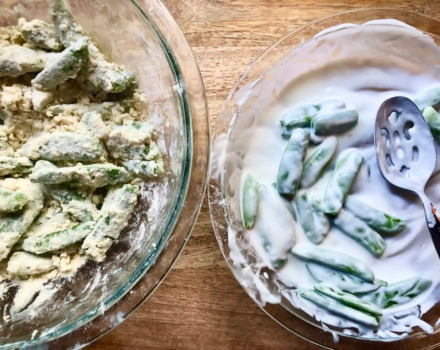 step 9 Working in small batches, dunk Sugar Snap Peas (3 cups) in buttermilk and use tongs to turn, coat, and lift them, allowing excess to drip off. Immediately toss the pea pods gently in the flour mixture to coat them. Lift them, gently shaking off any excess flour, then carefully lower them into the hot oil. Do not overcrowd the pan.