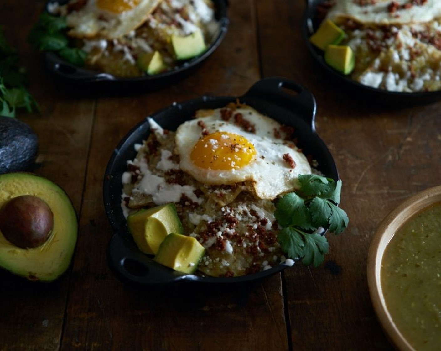 Chilaquiles Verdes with Fried Eggs and Chorizo