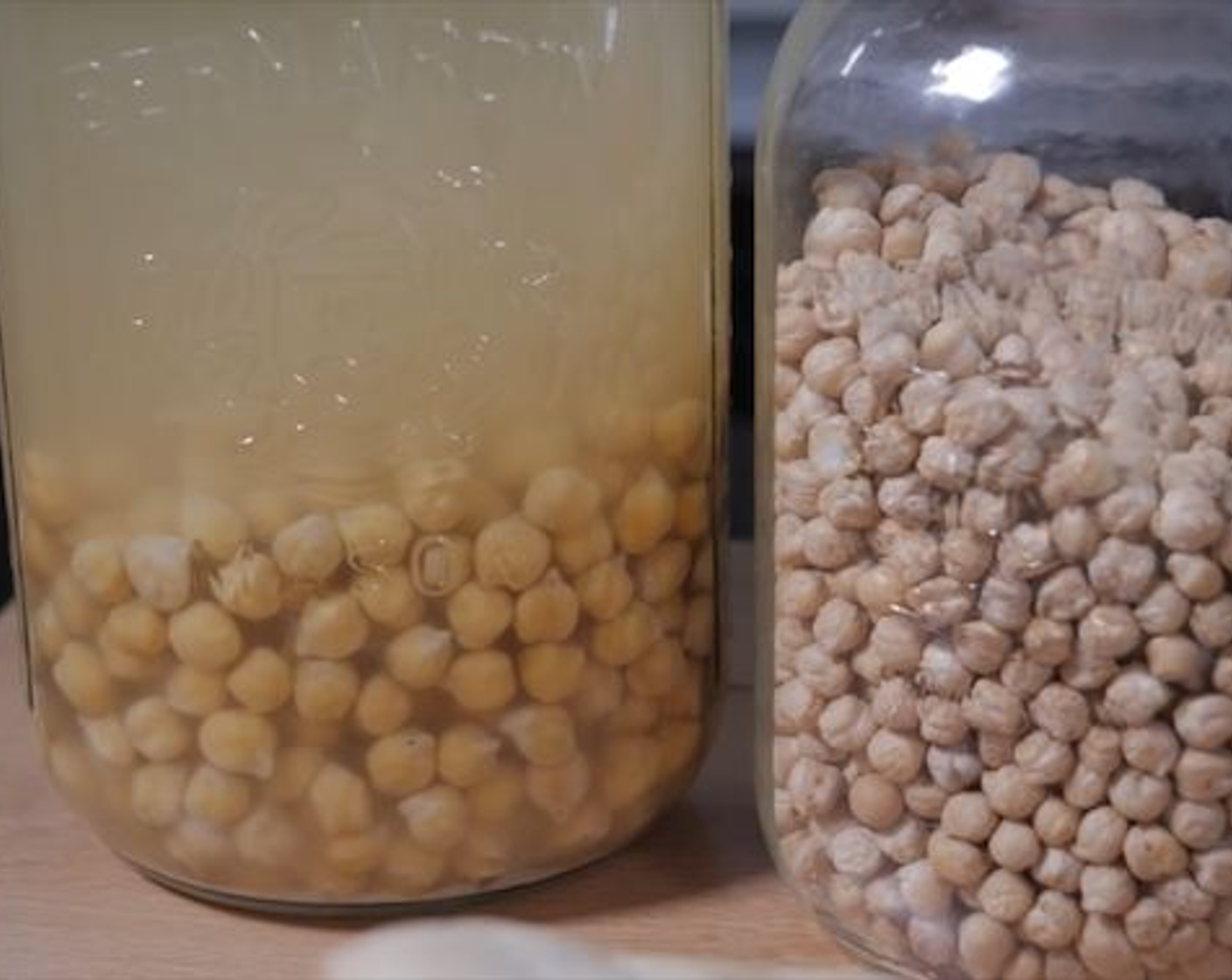 step 1 Soak Dried Chickpeas (1 cup) overnight by placing dried chickpeas, Sea Salt (1 Tbsp), Baking Soda (1 tsp), and 4 cups of water in a large container.