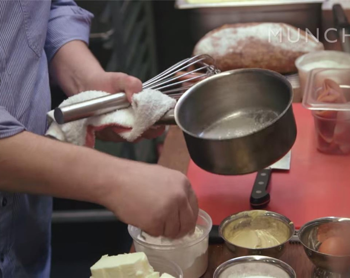 step 2 Once milk is warm and butter is melted, add All-Purpose Flour (2 Tbsp) to butter and whisk for a minute or two.