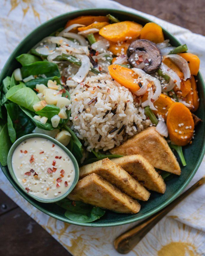 OnePan Tofu Veggie Bowl with Cashew Garlic Sauce Recipe SideChef