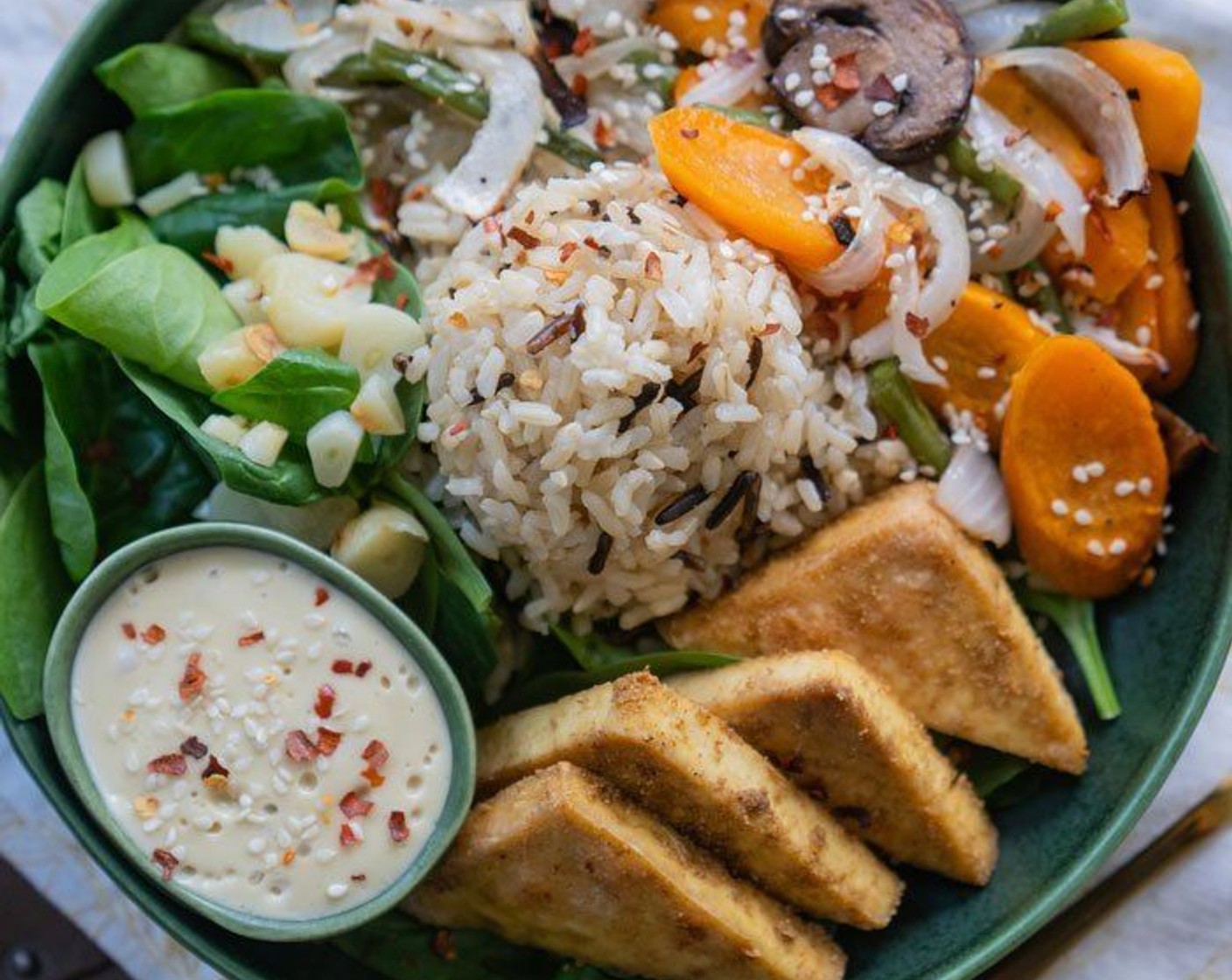 One-Pan Tofu Veggie Bowl with Cashew Garlic Sauce