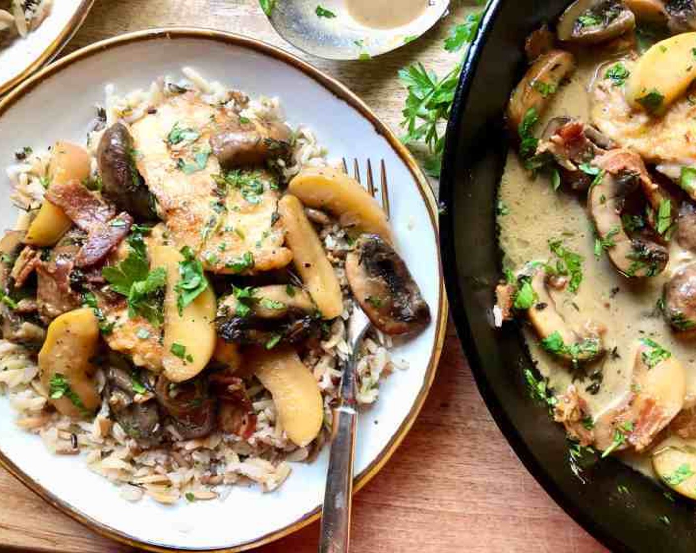 step 12 Remove the skillet from the heat and top with a sprinkling of Fresh Parsley (1/4 cup). Serve the chicken over the wild rice.