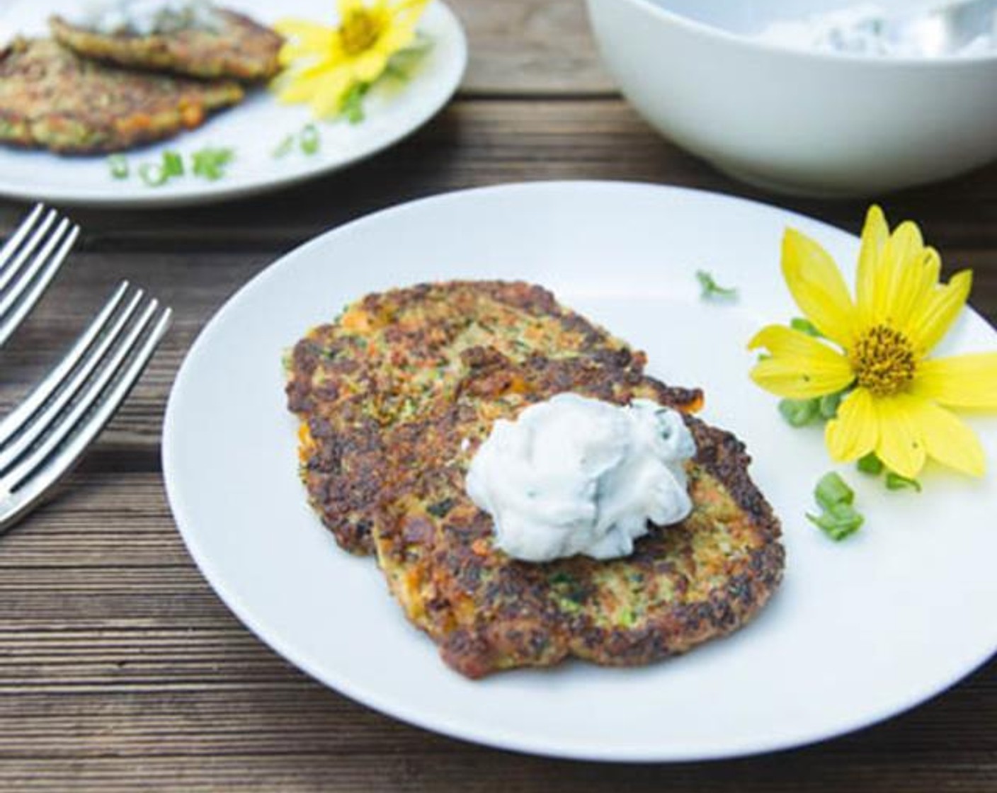 Summer Squash Pancakes w/ Basil Chive Cream Sauce