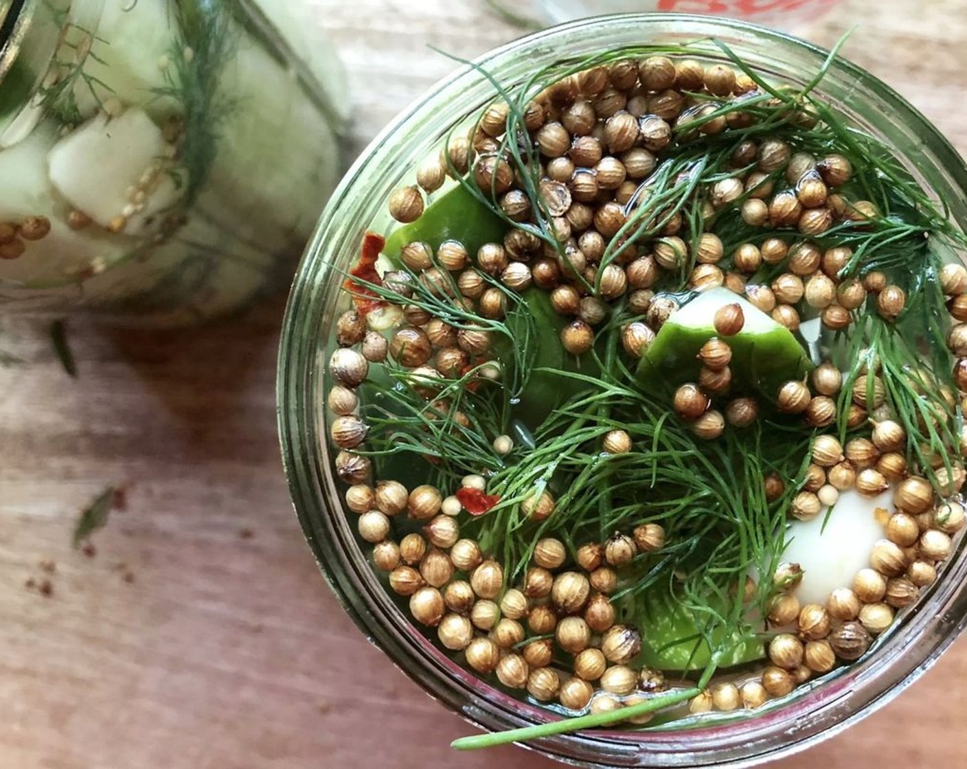 step 2 Stuff the Kirby Cucumbers (8 3/4 cups) and Fresh Dill (16 sprigs) into two clean wide-mouth 1-quart glass jars. Add the Whole Coriander Seeds (2 Tbsp), Mustard Seeds (1 tsp), Garlic (6 cloves), Crushed Red Pepper Flakes (1/8 tsp), and chilled brine into the jars, dividing evenly. If necessary, add a bit of cold water to the jars until the brine completely covers the cucumbers.