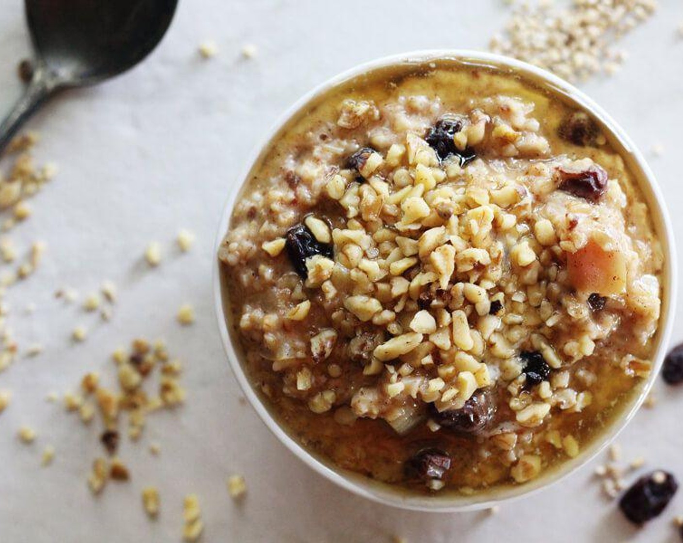 step 3 Once the rice cooker turns off, (about 45 minutes), serve the oatmeal warm. Top each bowl with 1 Tbsp Butter (1/3 cup), 1 Tbsp Honey (1/3 cup), and 2 Tbsp Walnut (3/4 cup).