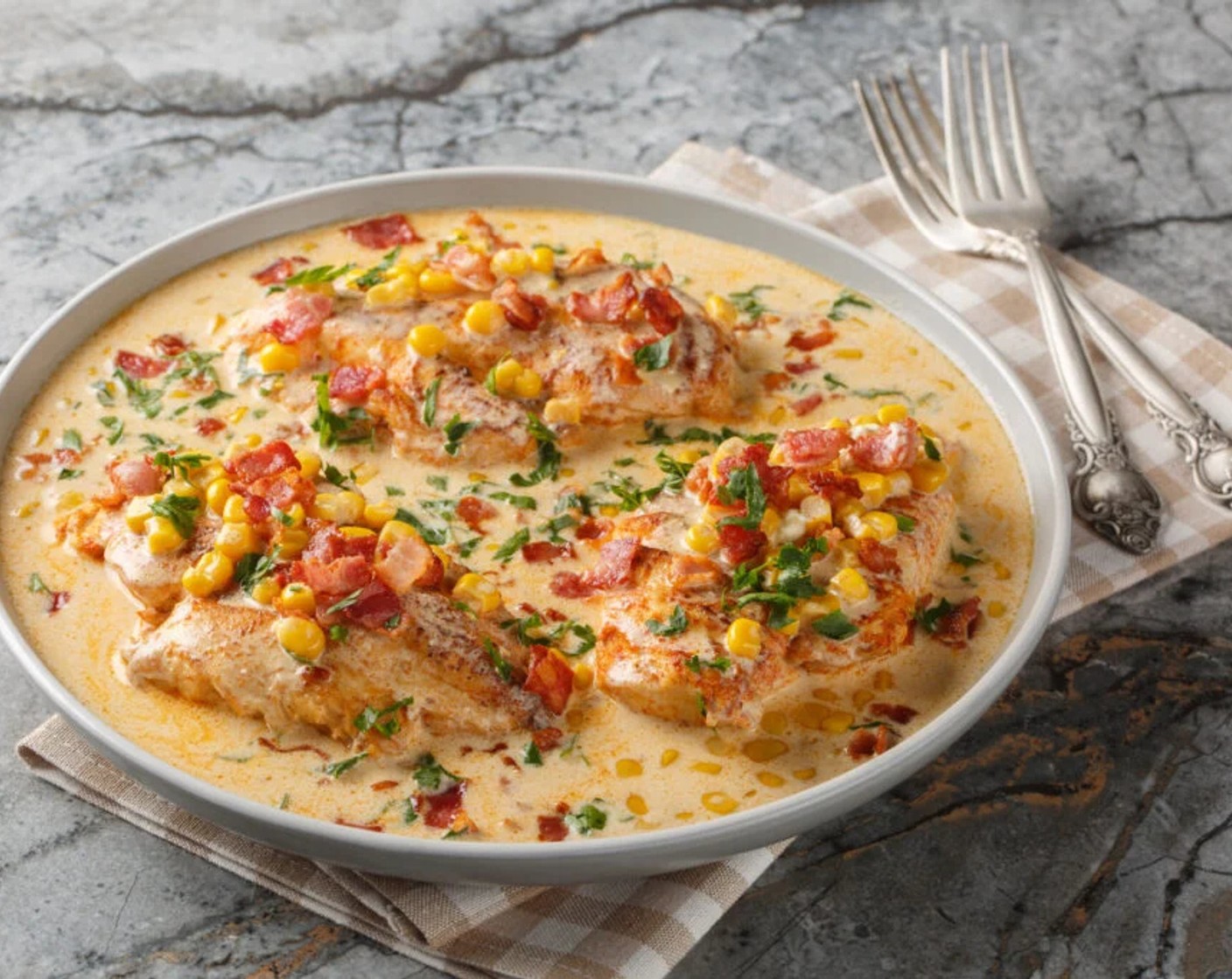 step 9 Finish with flair! Garnish with some Fresh Parsley (as needed) and chopped Bacon (1/2 cup) for that pop of color and extra flavor. Now you’ve got a Dantastic® dish ready to wow!