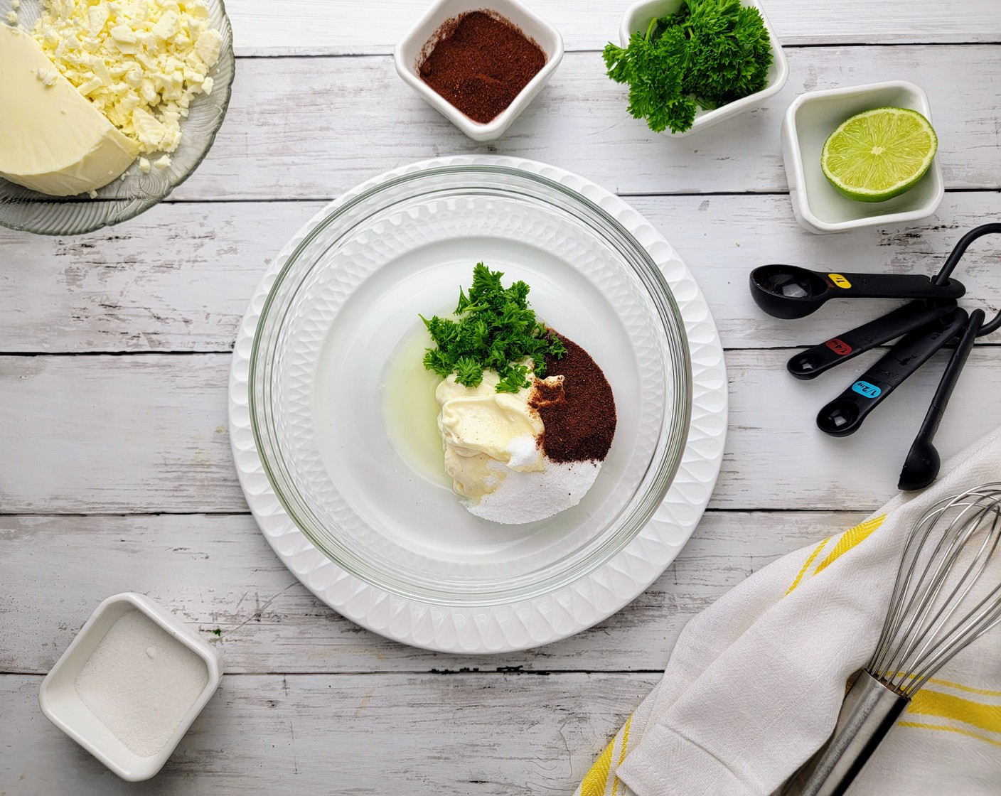 step 8 In a clean mixing bowl combine the Mayonnaise (1/2 cup), Granulated Sugar (1 Tbsp), the juice of 1 Lime (1), Fresh Parsley (1 Tbsp), and Chili Powder (1 Tbsp). Stir to mix thoroughly.