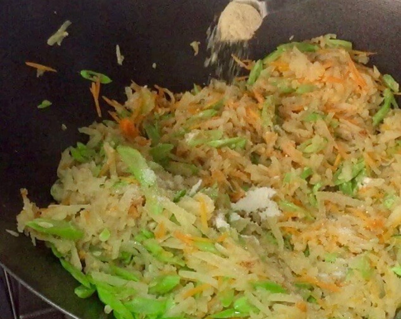 step 29 Lastly, add seasonings and fry till well mixed. Seasonings contain Granulated Sugar (1 tsp), Ground White Pepper (1/4 tsp) and Chicken Stock Granules (1 tsp). And we're done!