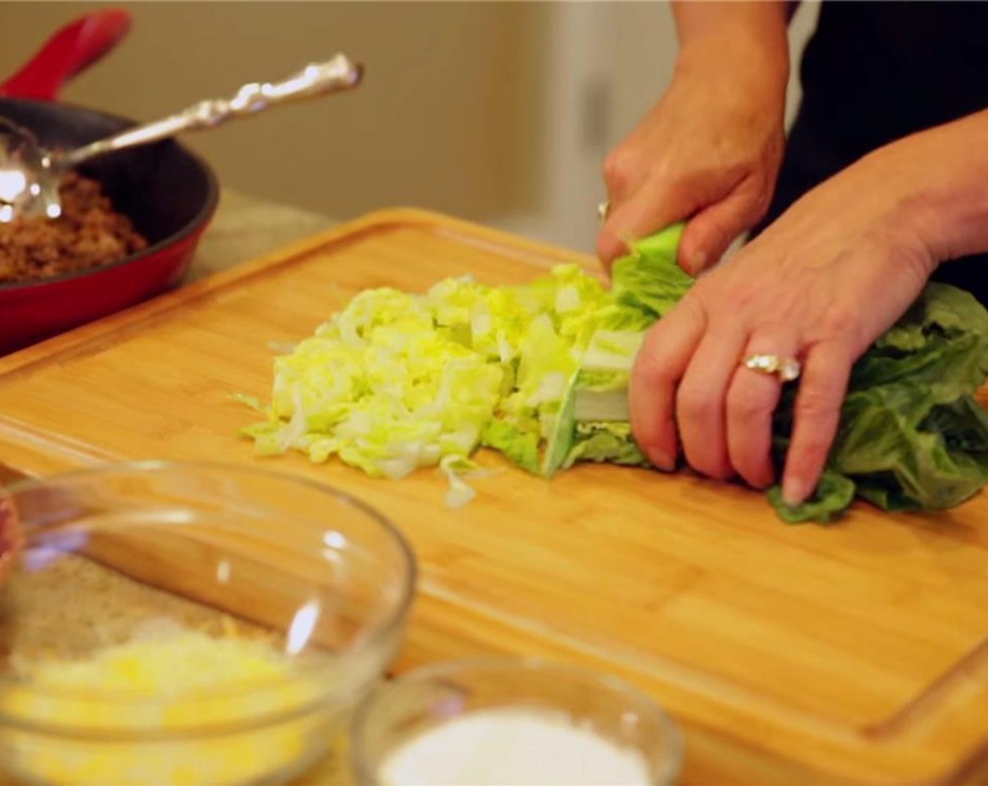 step 4 Wash Romaine Lettuce (1 head) cut off bottom and cross-cut into thin strips.