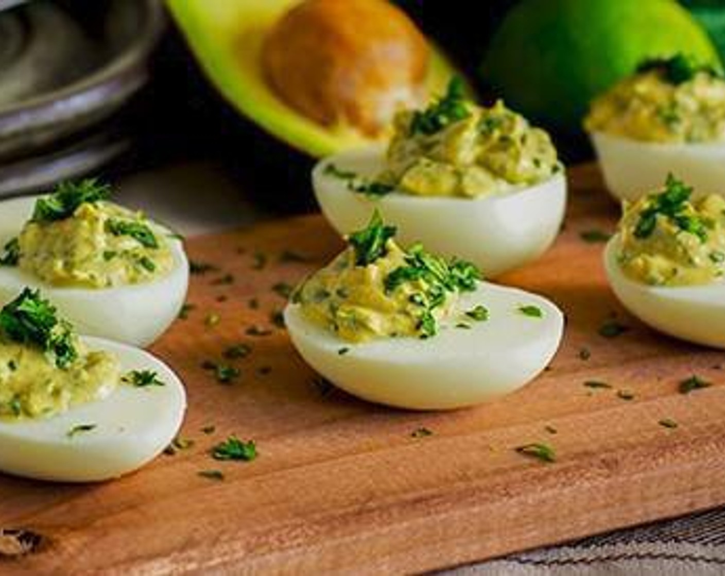 Yogurt and Avocado Deviled Eggs with Spices and Herbs