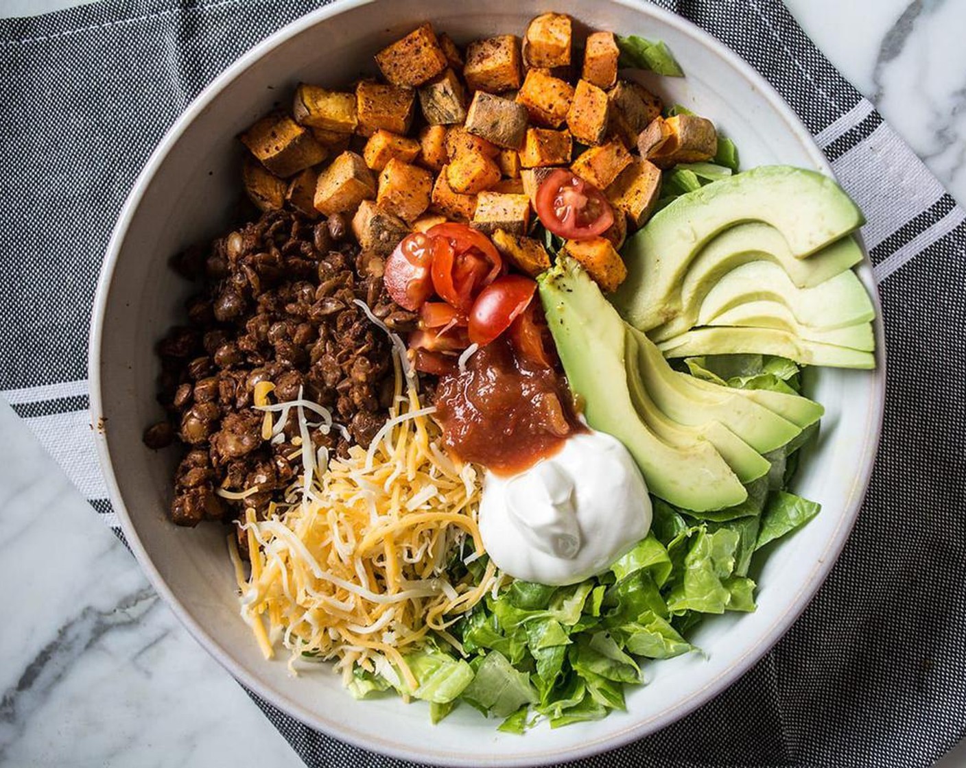 Easy Lentil and Roasted Sweet Potato Taco Bowl