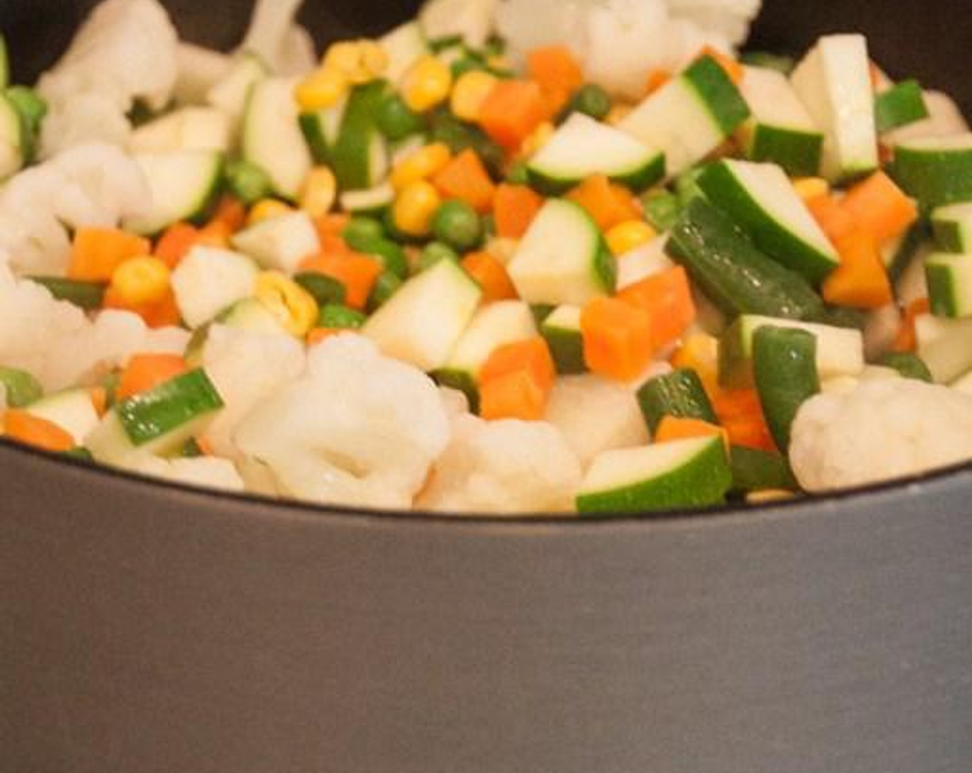 step 2 Cook the Cauliflower (4 cups), Frozen Mixed Vegetables (2 cups), Zucchini (3), and diced Red Potatoes (3) in water until soft. When they’re soft, mash the vegetables well, in the liquid. Stir in the cooked lentils.