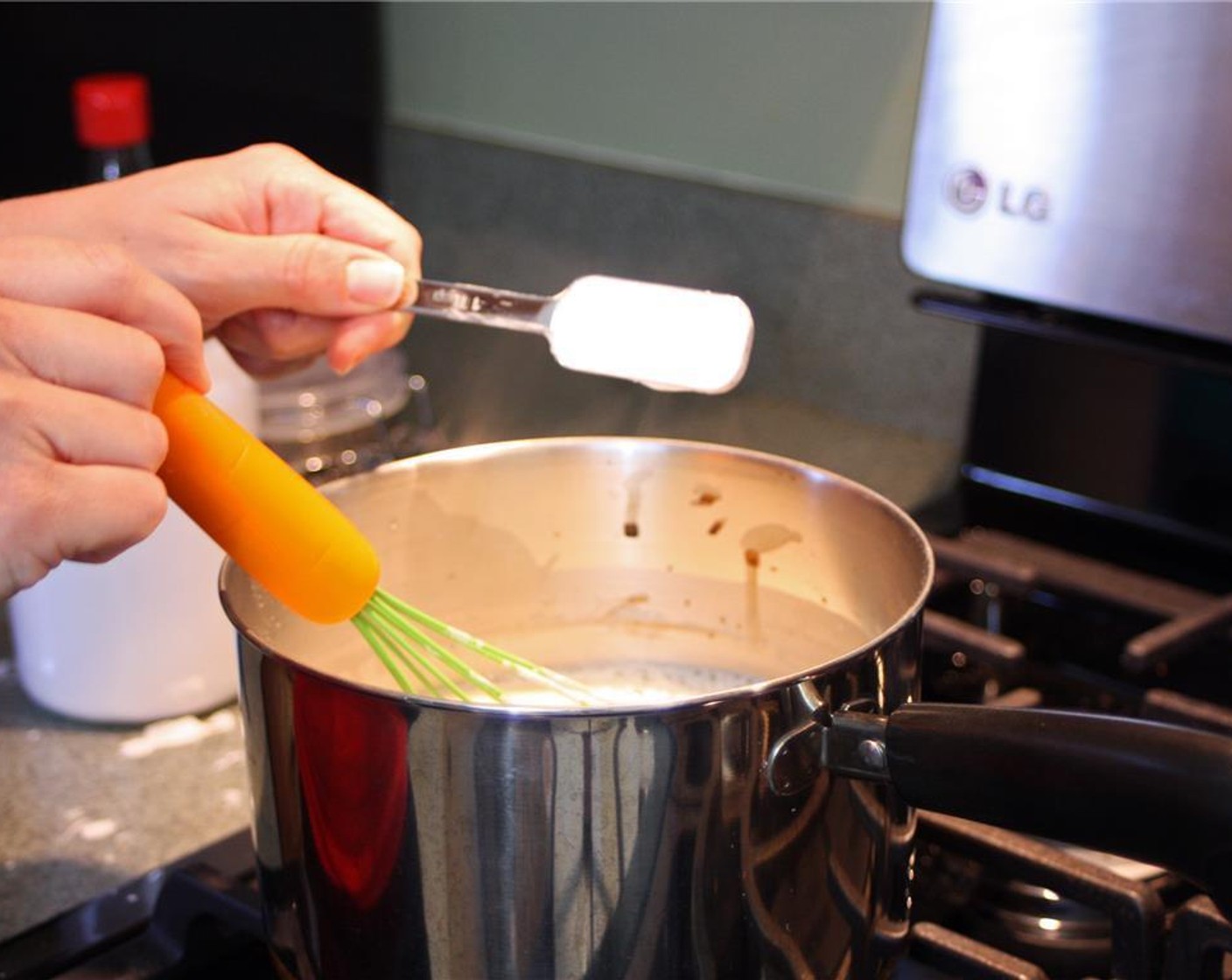 step 2 Turn off the heat and begin very slowly add the Tapioca Starch (3 Tbsp) one tablespoon at a time. Be sure to whisk the milk constantly as you add the starch to avoid any lumps.