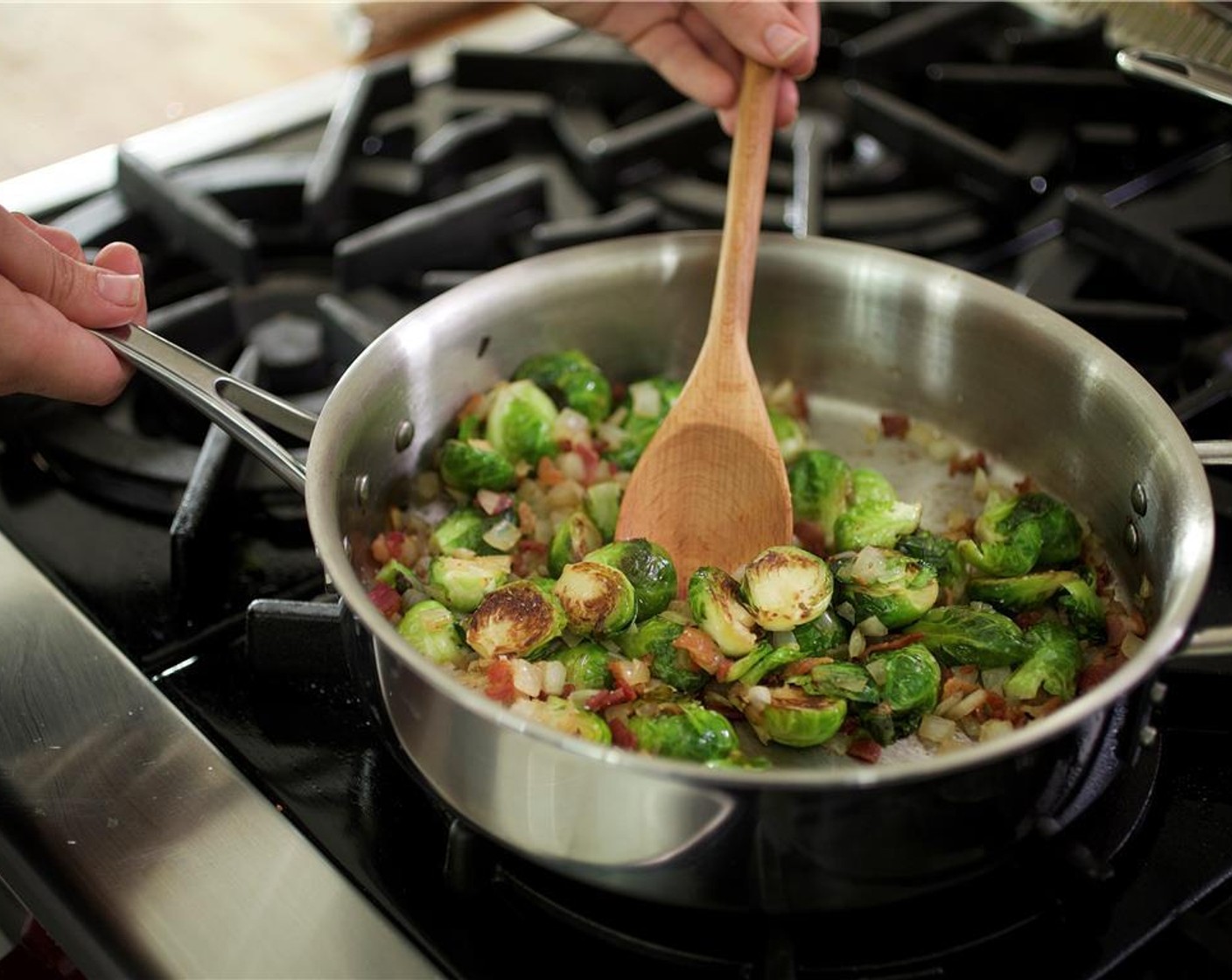 step 14 Add brussel sprouts, chopped onions, 1/2 teaspoon of salt and pepper to the pan. Cook on high heat for 6 minutes.