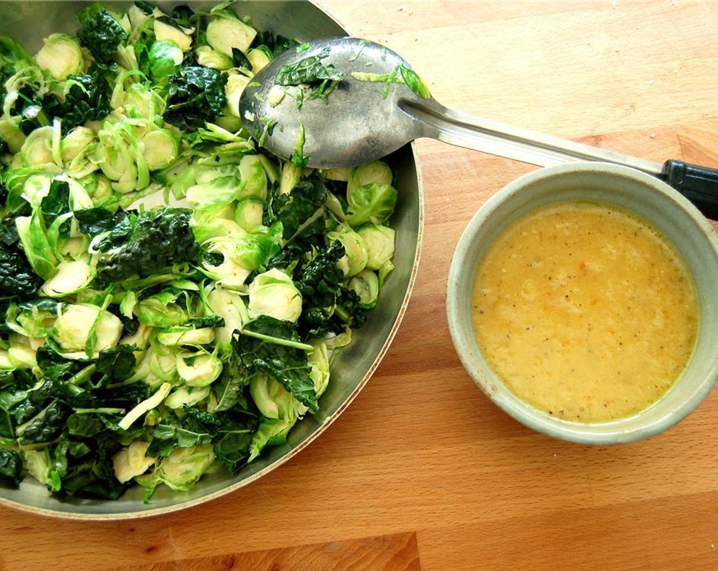 step 5 Use the sauté pan used for the onion. Add a bit more olive oil and lightly saute the brussels sprouts and the kale for 1 to 2 minutes until they turn bright green. Remove from the heat.