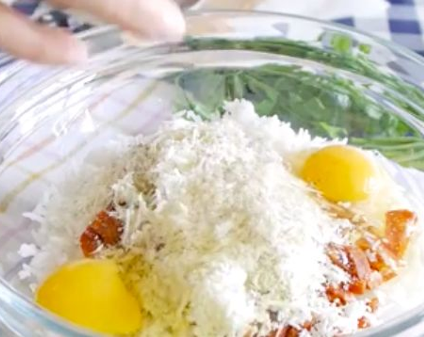 step 1 In a bowl, mix the White Rice (2 cups), Spanish Chorizo (2 oz), Free Range Egg (3), Feta Cheese (1 cup), Parmesan Cheese (4 Tbsp), Ground Black Pepper (1/2 tsp), Salt (2 tsp), Fresh Chives (15 stalks), and All-Purpose Flour (1 Tbsp) if using.