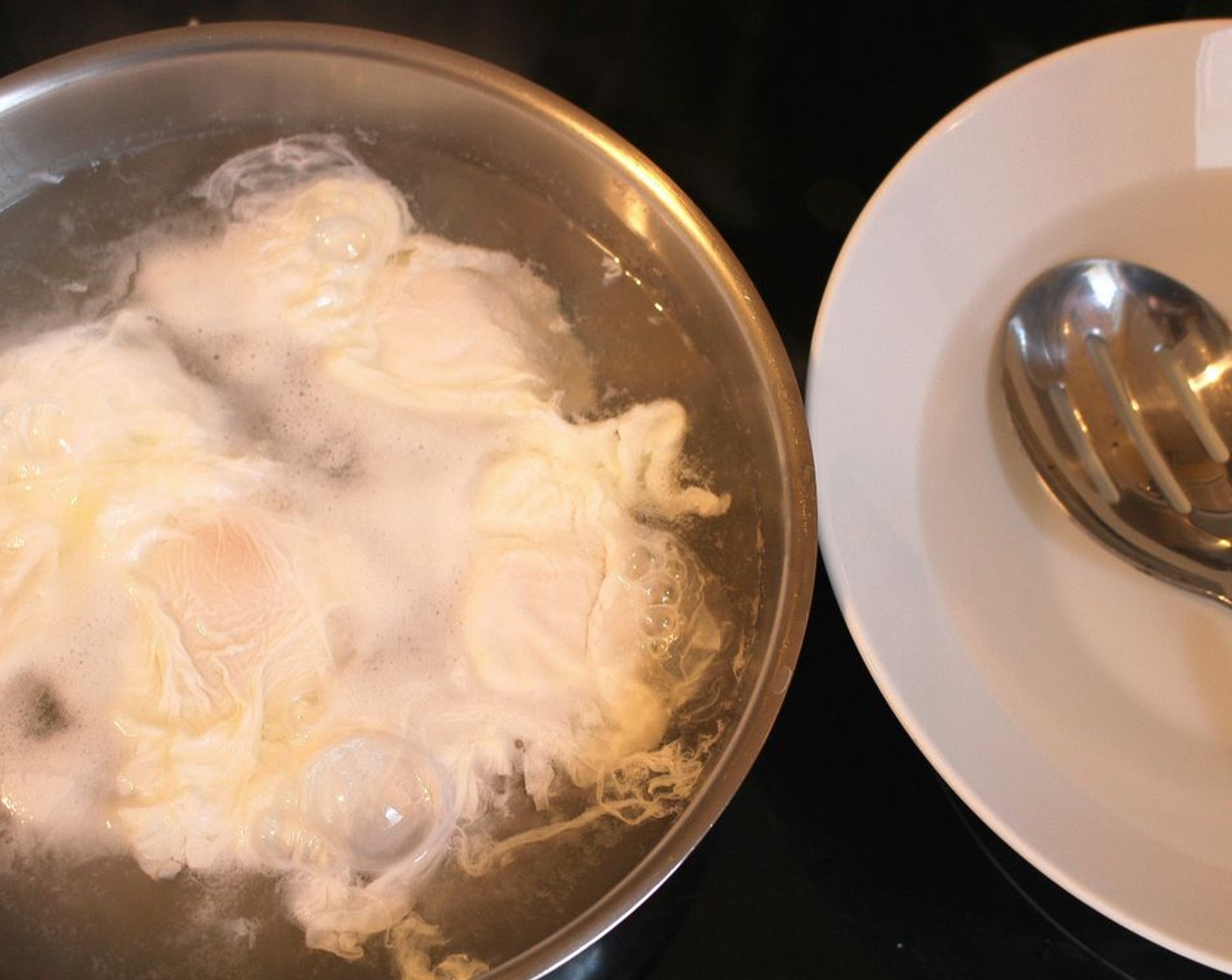 step 10 Add the Eggs (to taste) to simmering water, seasoned lightly with Kosher Salt (to taste) and Distilled White Vinegar (to taste). Cook for 3 minutes or as you prefer.