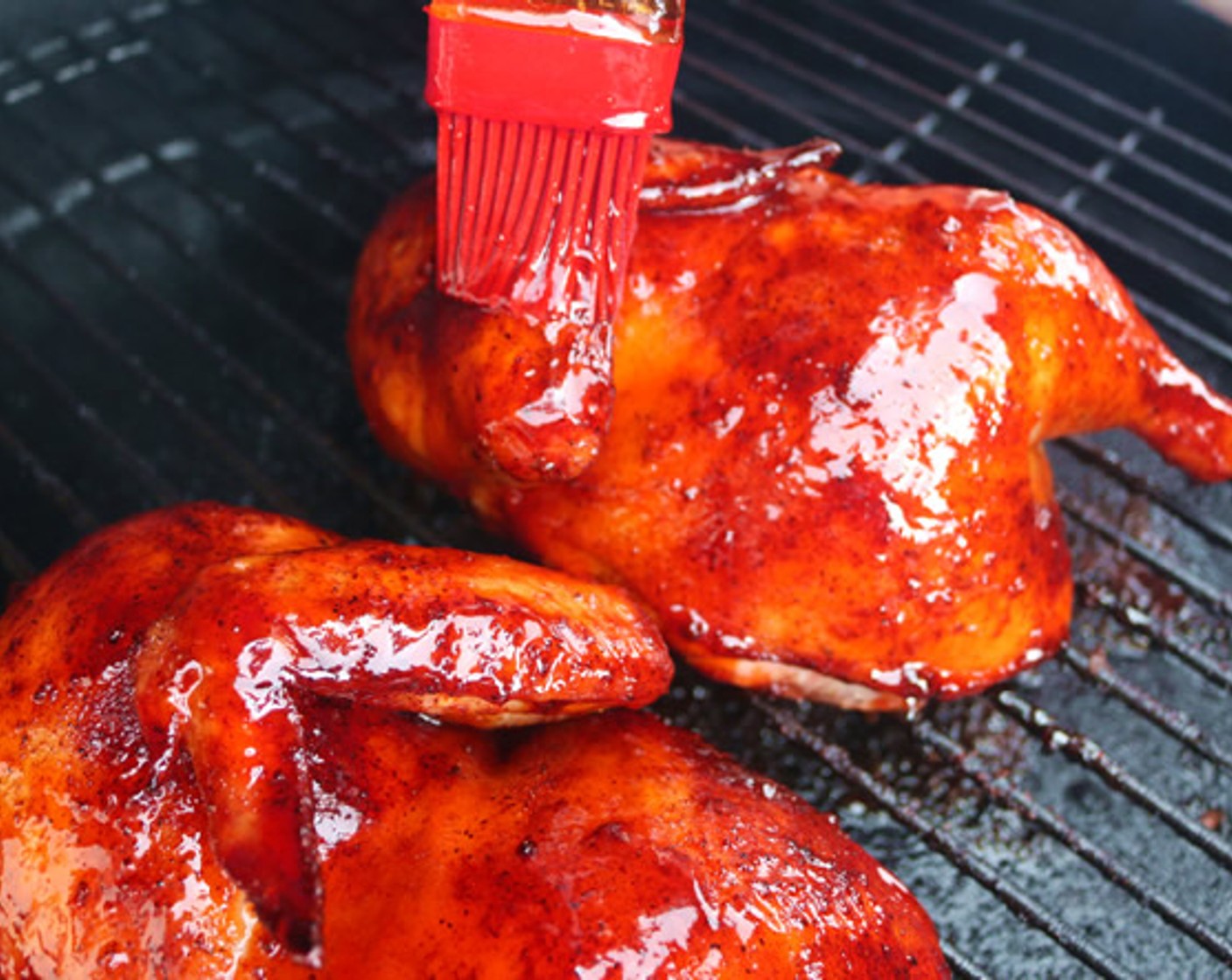 step 7 When internal temperature reaches 160 degrees F (70 degrees C) in breast, brush warm glaze over the each chicken half.