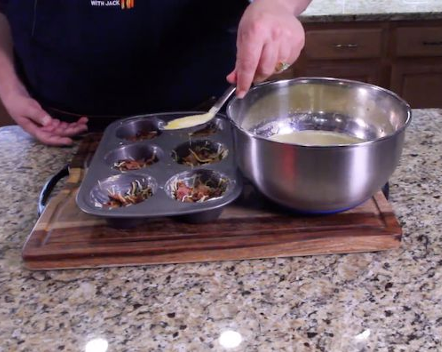 step 8 Mix Eggland's Best Classic Eggs (4), Milk (4 Tbsp), Baking Powder (1/2 tsp), Oil (1/2 tsp), Salt (to taste), and Ground Black Pepper (to taste) in a bowl. Pour egg mixture into each muffin cup. You should fill each about 4/5 of the way to the top.