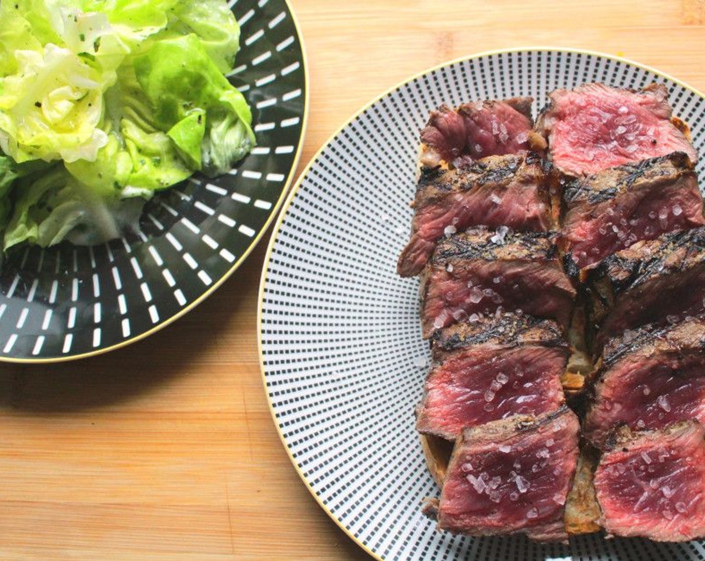 step 8 Top the bread with slices of steak, and sprinkle with Kosher Salt (to taste). Serve with the salad on the side.