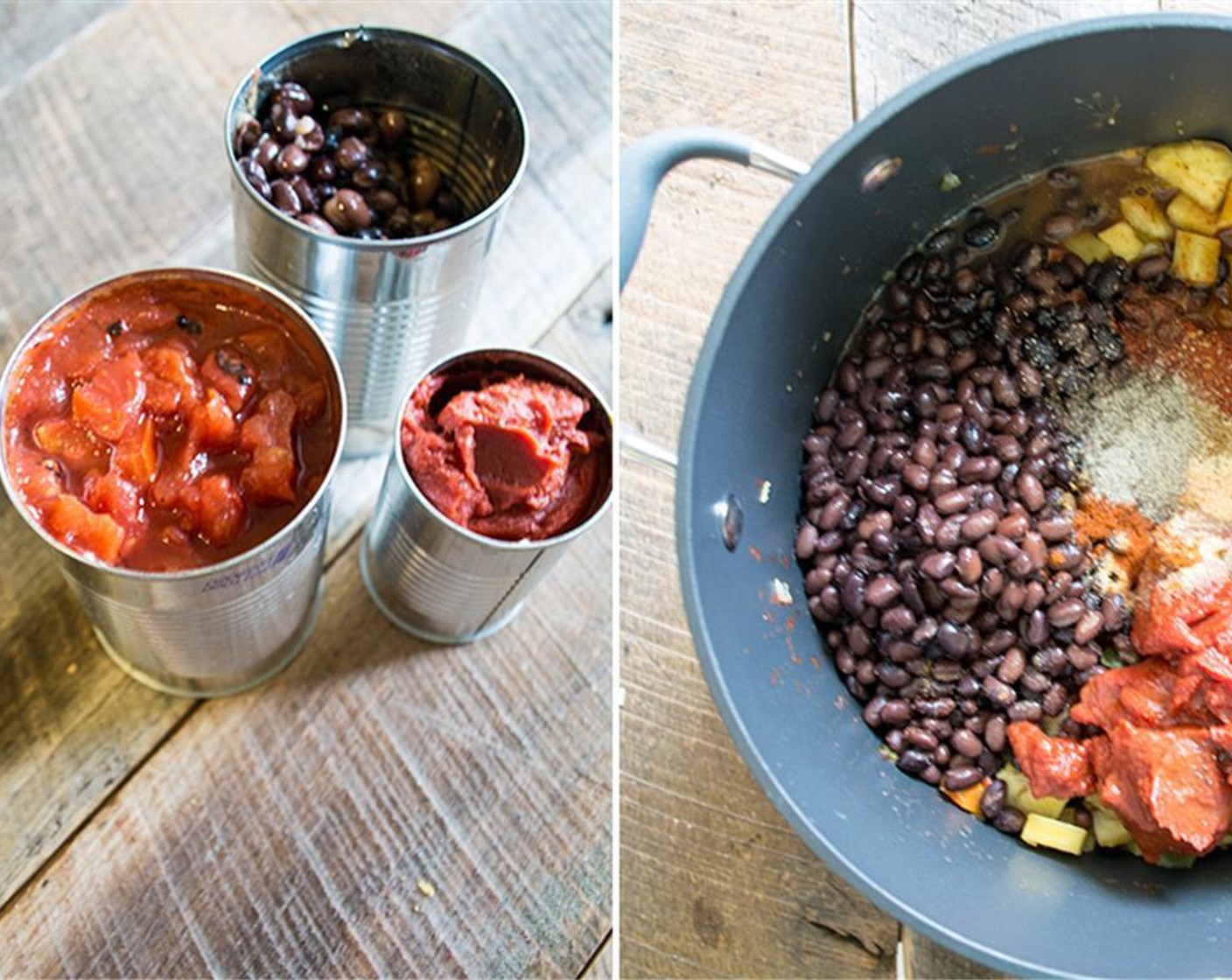 step 2 Reduce heat to medium low, add Black Beans (2 cans), Fire Roasted Diced Tomatoes (1 can), Tomato Paste (1 can), Low-Sodium Vegetable Broth (1 1/2 cups), Chili Powder (2 Tbsp), Ground Cumin (1/2 Tbsp), McCormick® Garlic Powder (1 tsp), Sea Salt (1 tsp), Ground Black Pepper (1/2 tsp), and Cayenne Pepper (1/4 tsp). Stir to combine well.