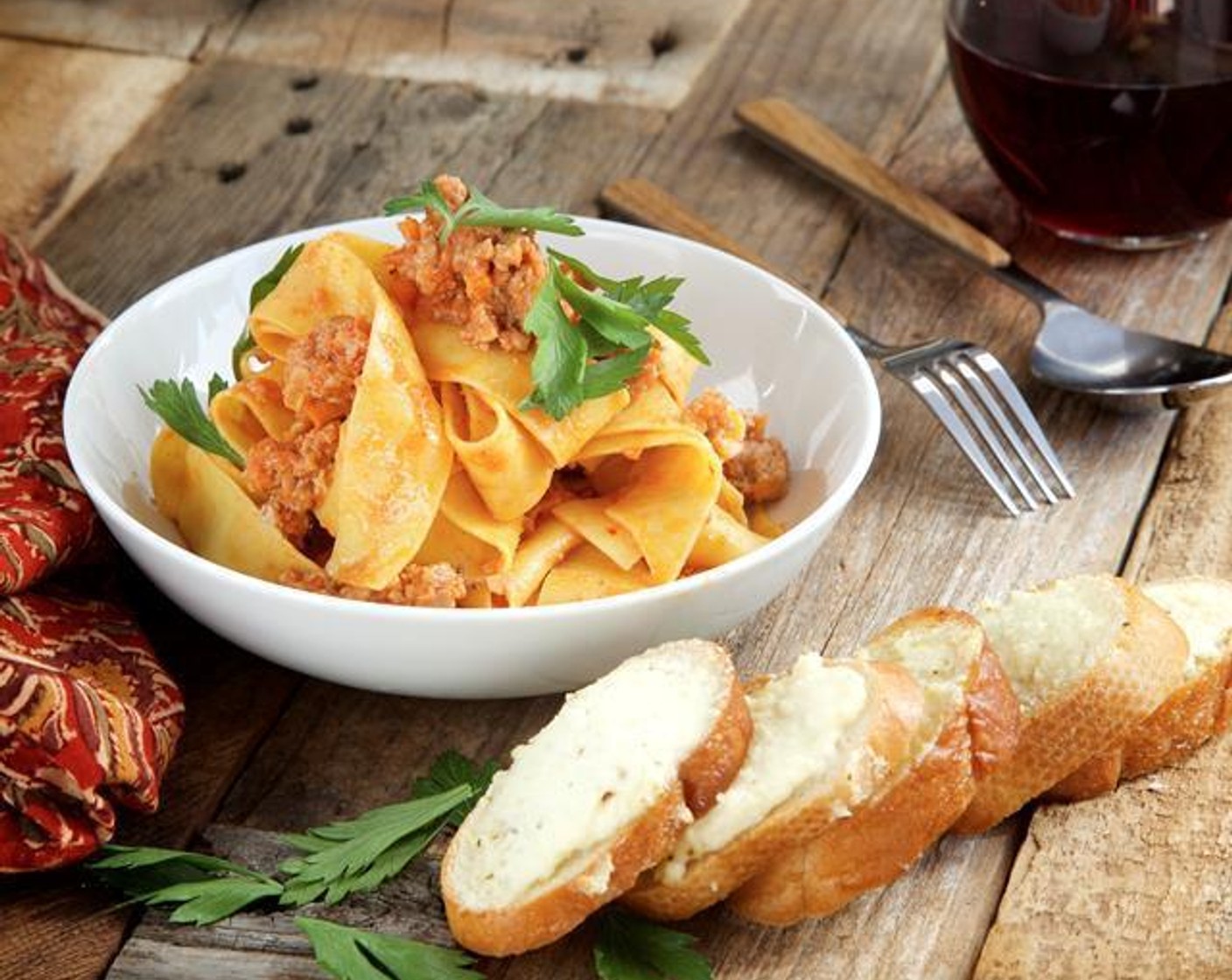 Veal Bolognese with Ricotta Garlic Toasts