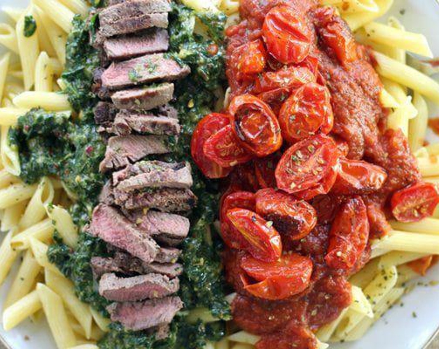 step 6 To plate this dish, place the pasta in a large pasta bowl or serving dish. Spoon the prepared chimichurri sauce on one side of the pasta. Slice the cooked steak and place on top of the sauce. On the other side of the pasta, spoon the heated marinara sauce over the top. Arrange the broiled tomatoes on top.