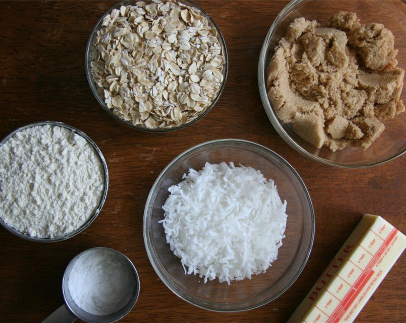 step 2 Combine All-Purpose Flour (1 cup), Old Fashioned Rolled Oats (1 cup), Unsweetened Shredded Coconut (1/2 cup), and Brown Sugar (2/3 cup).