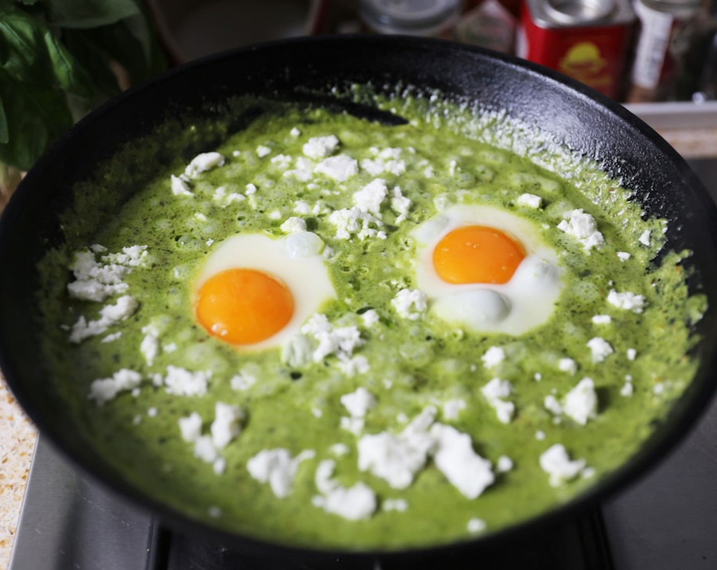 step 7 Crack two Eggland's Best Classic Eggs (2) into the pan and crumble over Feta Cheese (2 Tbsp), cover with a lid. Cook until the eggs are set but still runny, about 10 minute.