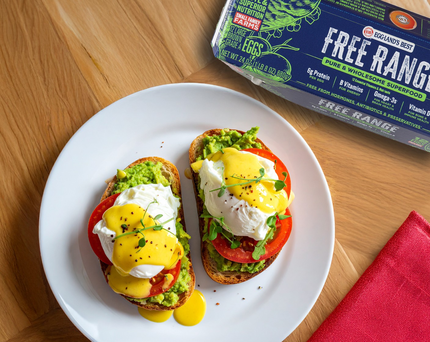 step 7 Grab toasted bread slice, spread avocado mash on top, add sliced tomato, then poached eggs. Drizzle hollandaise sauce on top. Enjoy!