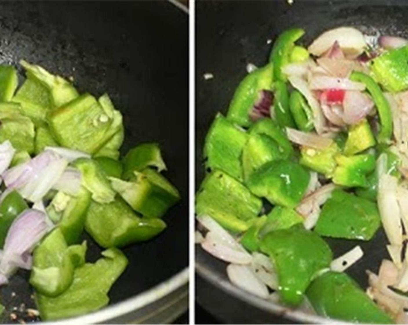 step 8 Add Green Bell Pepper (1 cup) and Red Onion (1 cup). Fry for 1 to 2 minutes, or until the onions are translucent.
