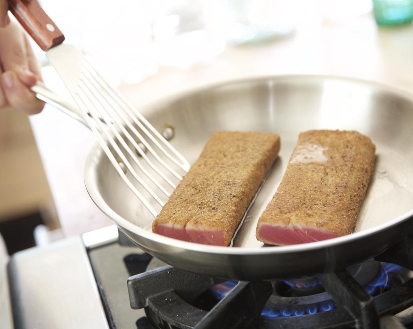 step 9 Heat Oil (1 Tbsp) in a medium sauté pan over high heat. Sear each side for 30 seconds. Sear each edge for 10 seconds. Hold for plating.