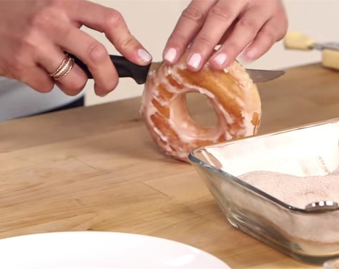 step 2 Slice Glazed Donuts (6) in half.