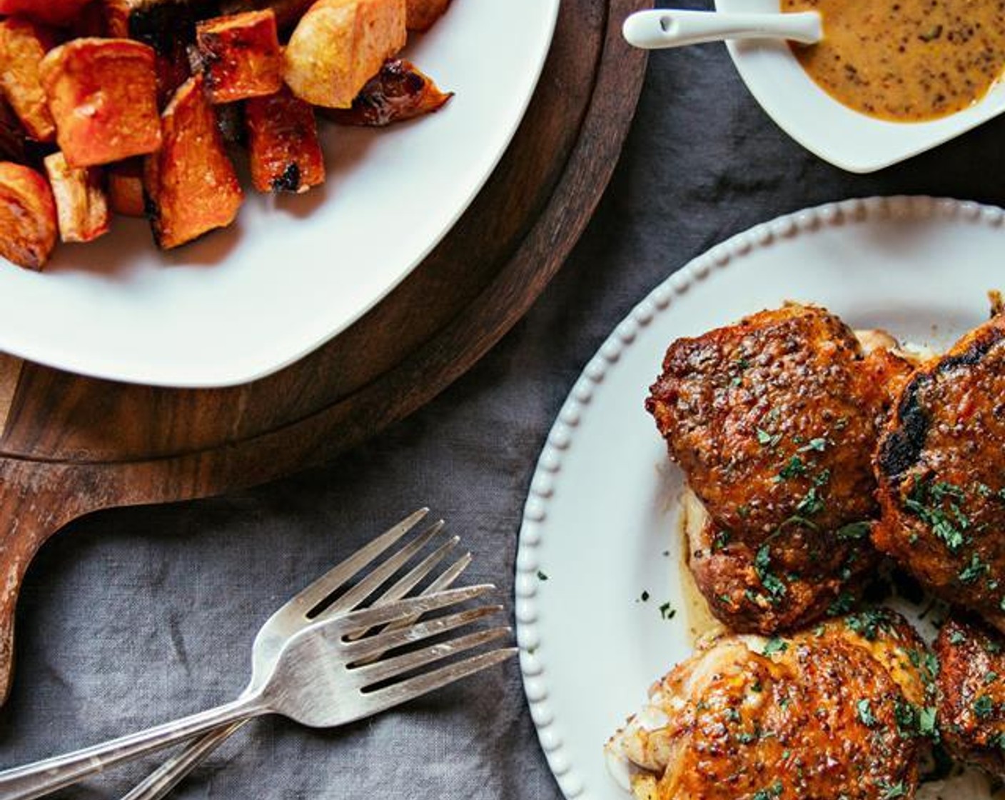 Hot Honey Mustard Chicken + Crispy Sweet Potatoes