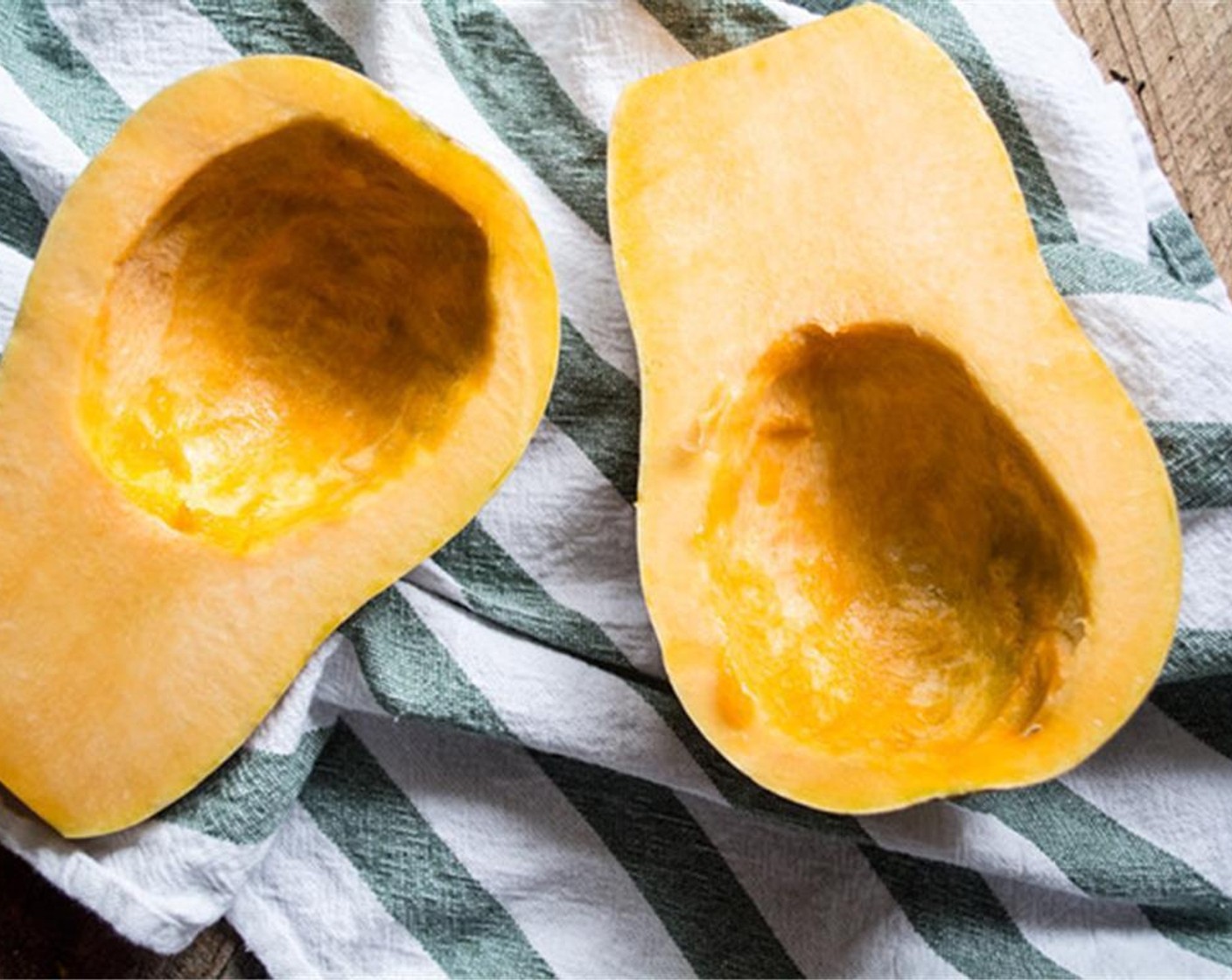 step 2 Cut the Butternut Squash (6 1/2 cups) in half length wise and remove seeds, line a baking sheet with aluminum foil and bake for 40 to 45 minutes with squash face down. This can be done ahead of time.