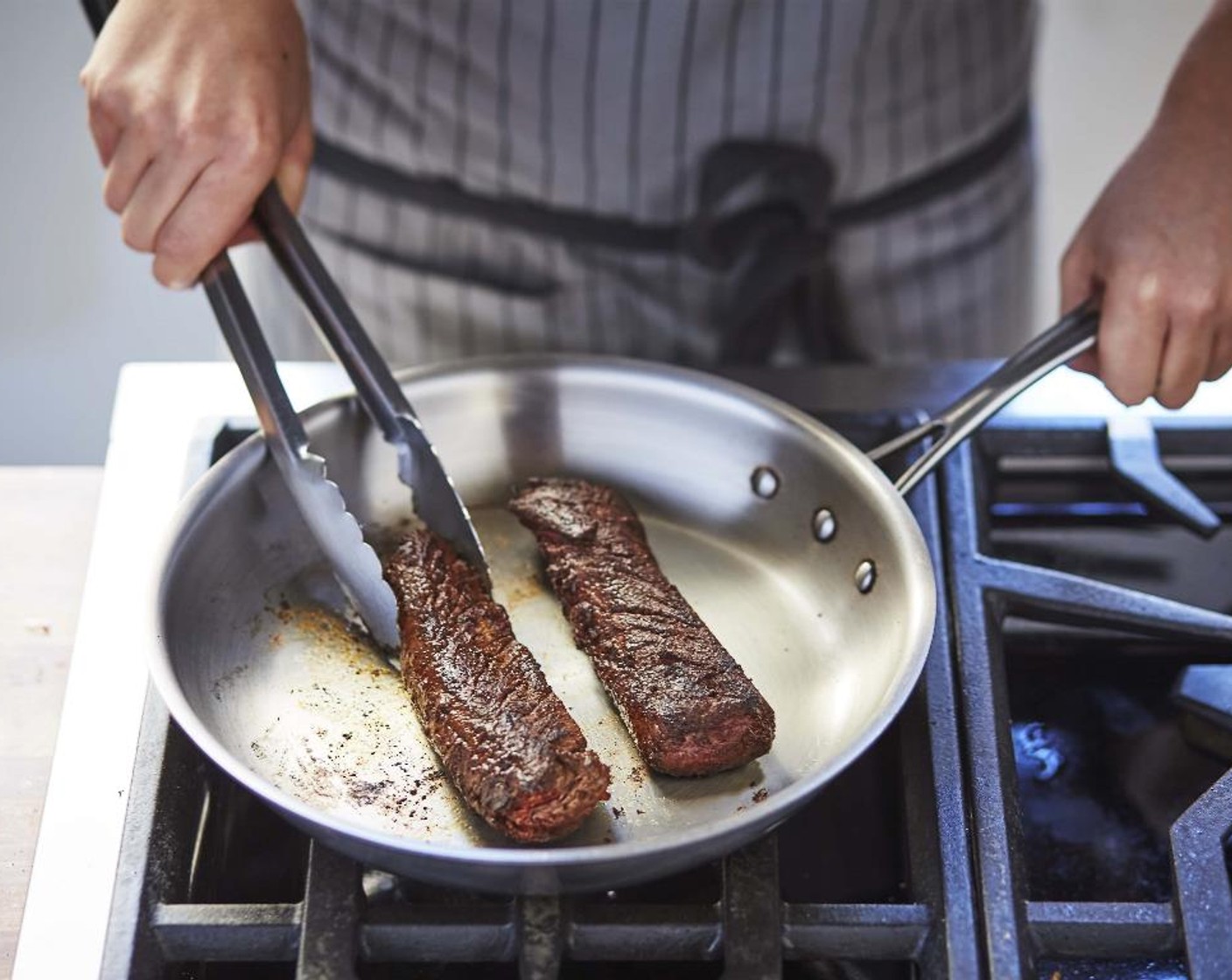 step 8 Heat Olive Oil (1 Tbsp) and Butter (1/2 cup) in a medium sauté pan over medium-high heat. When hot, add the steaks and brown them evenly 3 minutes on each side.