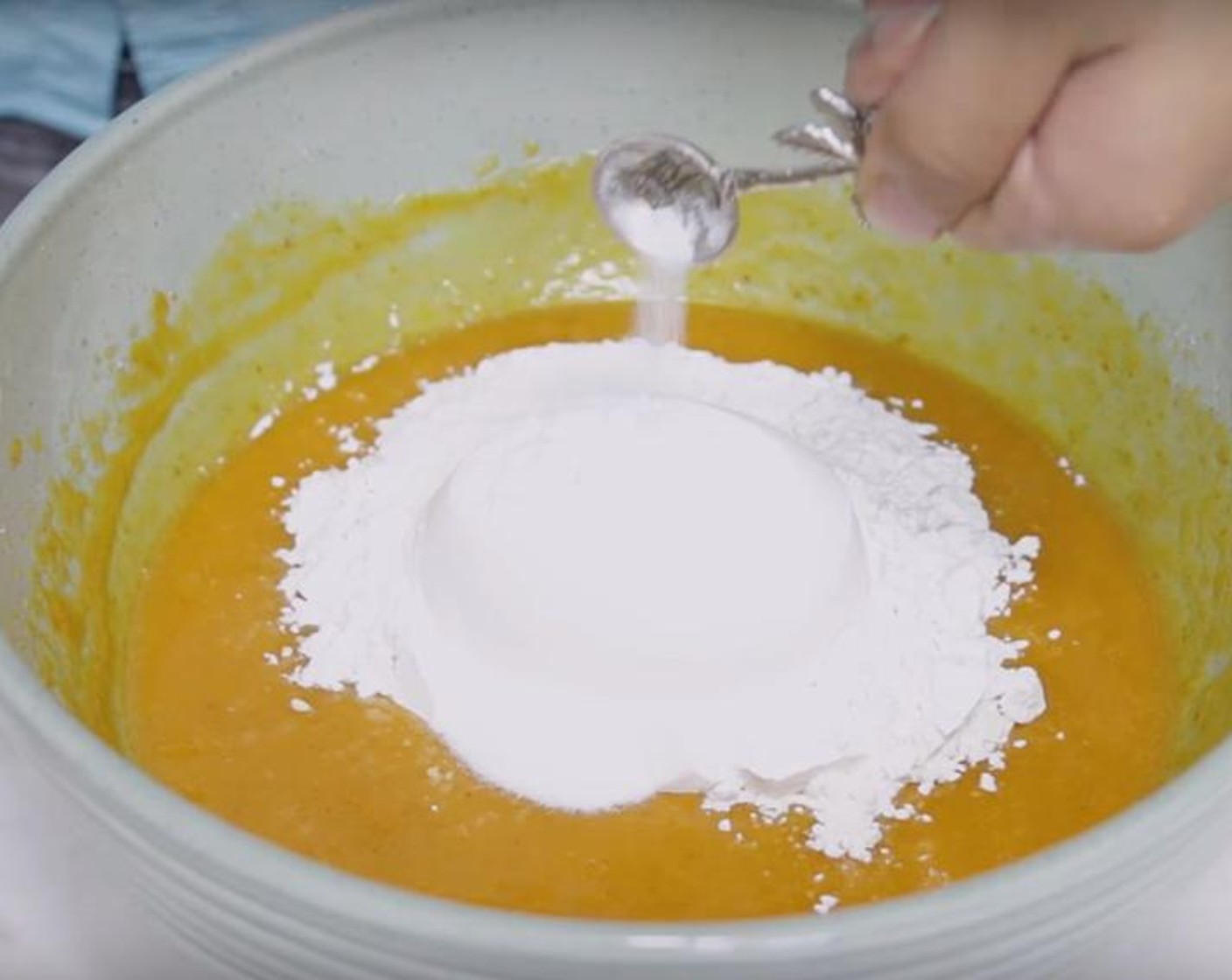 step 3 For the pumpkin bread: In a bowl, whisk together, 100% Pumpkin Purée (1 cup), Granulated Sugar (1 1/4 cups), Farmhouse Eggs® Large Brown Eggs (2), Corn Oil (1/2 cup) and Vanilla Extract (1 Tbsp) until well combined. Add the All-Purpose Flour (1 1/2 cups), Baking Soda (1 Tbsp), Salt (1 tsp) and Pumpkin Pie Spice (2 Tbsp) to the pumpkin mixture, stir until well combined.
