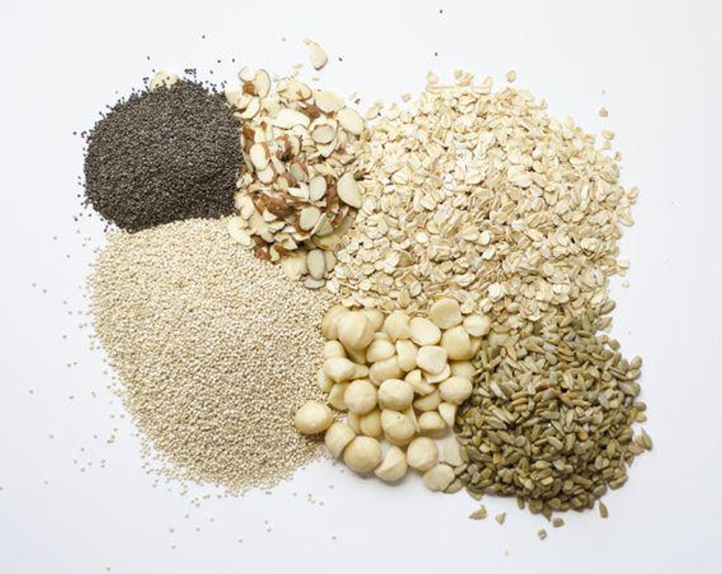 step 2 In a large bowl, mix White Quinoa (3/4 cup), Old Fashioned Rolled Oats (1 cup), Chia Seeds (2 Tbsp), Macadamia Nuts (4 Tbsp), Slivered Almonds (4 Tbsp), Sunflower Seeds (4 Tbsp), Unsweetened Shredded Coconut (1/2 cup), Dried Pineapple (1/3 cup), Dried Mangoes (1/3 cup), and Dried Papaya (1/3 cup).