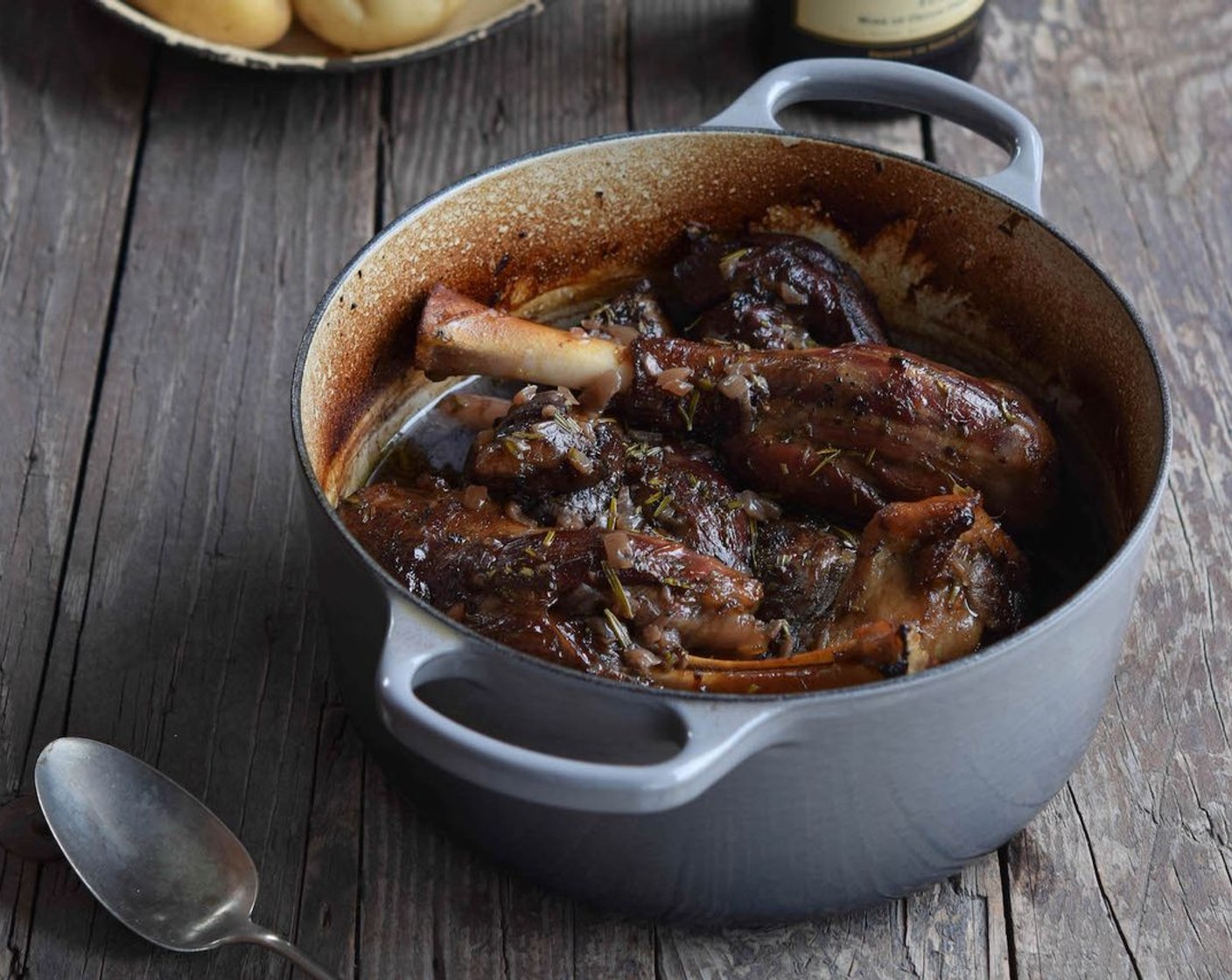 step 5 Pour in the Beef Stock (1 cup) and return the shanks to the pot. Bring to a simmer then cover the pot with the lid and cook in the oven for 1.5 to 2 hours, or until the lamb is meltingly tender and the liquid has reduced.