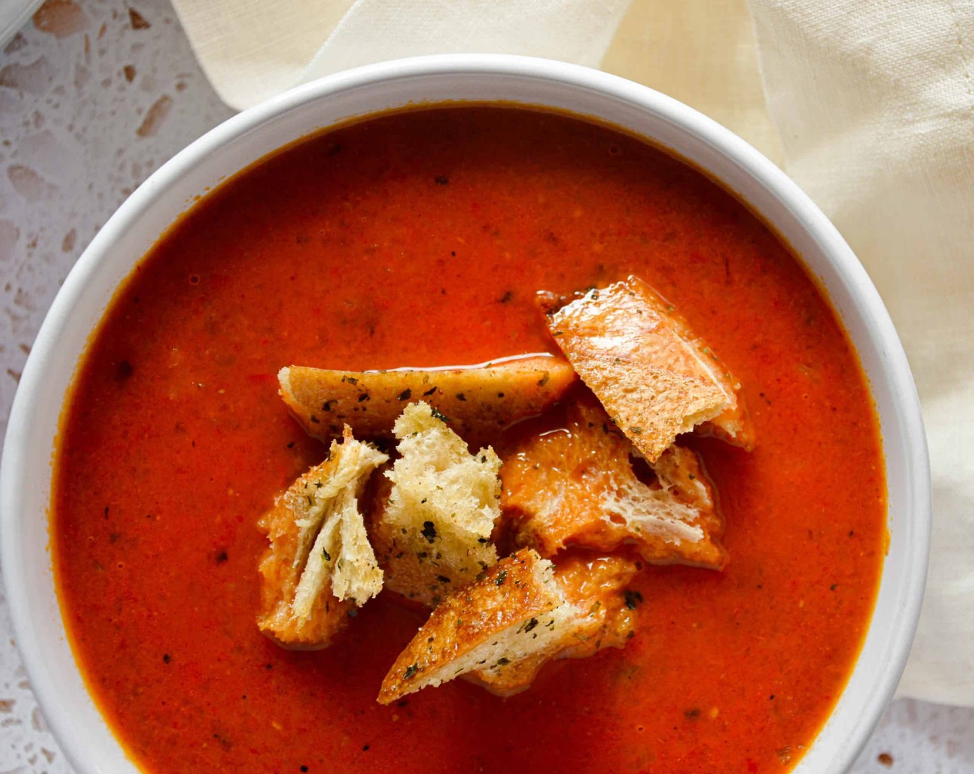 Roasted Red Pepper and Tomato Soup with Sausage & Garlic Bread Croutons