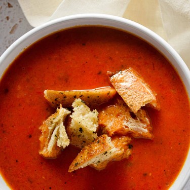 Roasted Red Pepper and Tomato Soup with Sausage & Garlic Bread Croutons Recipe | SideChef