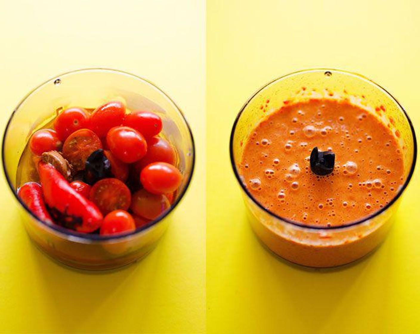 step 2 Once cooked, make the romesco sauce by placing 1 cup of the cooked cherry tomatoes into a food processor along with Jarred Roasted Red Peppers (1), Olive Oil. Almond Butter (3 Tbsp), Garlic (1 clove), juice from Lemon (1), Smoked Paprika (1/2 tsp) and salt. Blend until smooth.