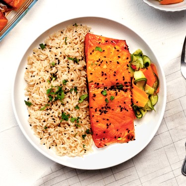 Teriyaki Salmon with Brown Rice and Pickled Vegetables Recipe | SideChef