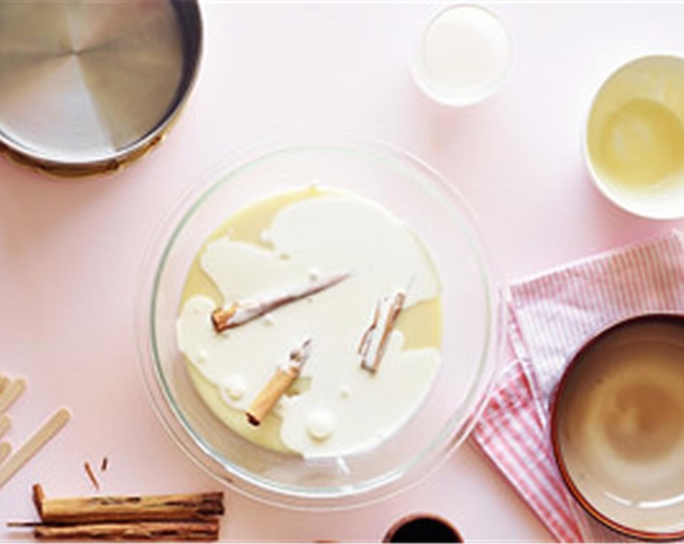 step 1 In a large bowl, combine the Long Grain White Rice (1 1/2 cups), Water (4 cups), Sweetened Condensed Milk (1 1/3 cups), Heavy Cream (1/2 cup), and Cinnamon Sticks (2).