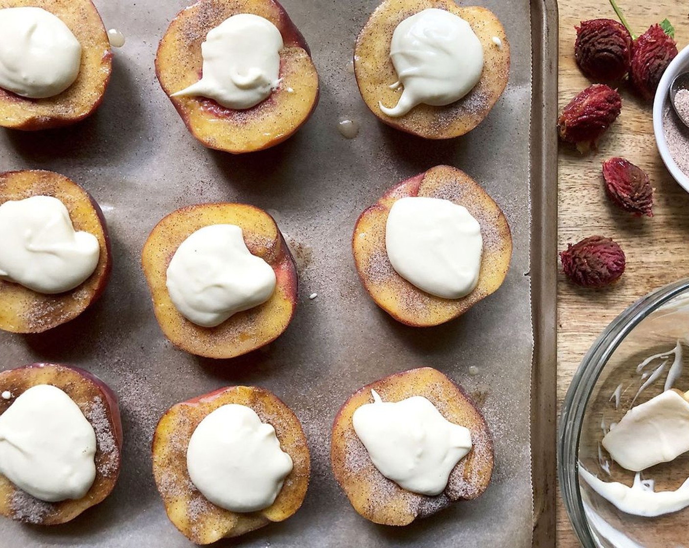 step 5 Spoon cream cheese mixture into peach centers. Bake, uncovered, about 30 minutes or until lightly browned and softened.