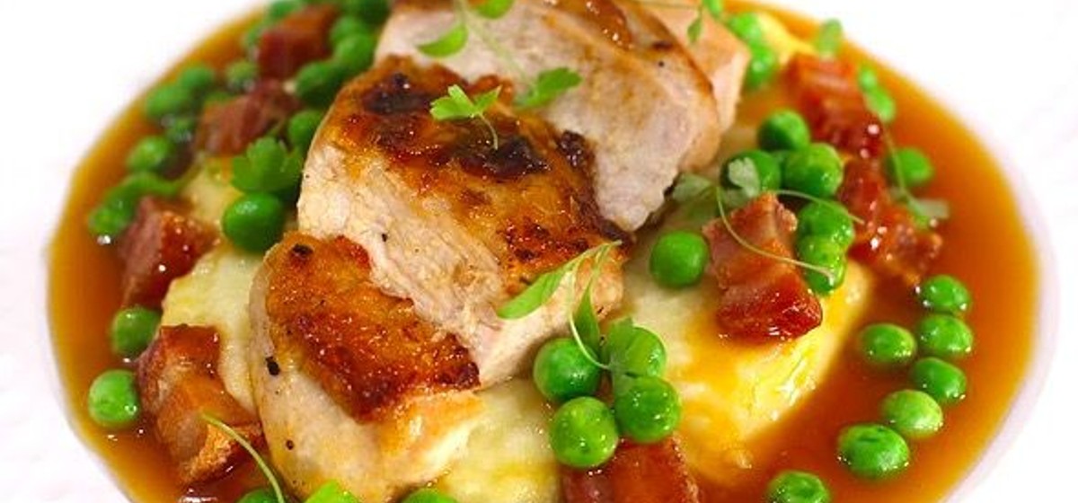 Roasted Chicken with Pommes Mousseline and Pancetta Peas Recipe | SideChef
