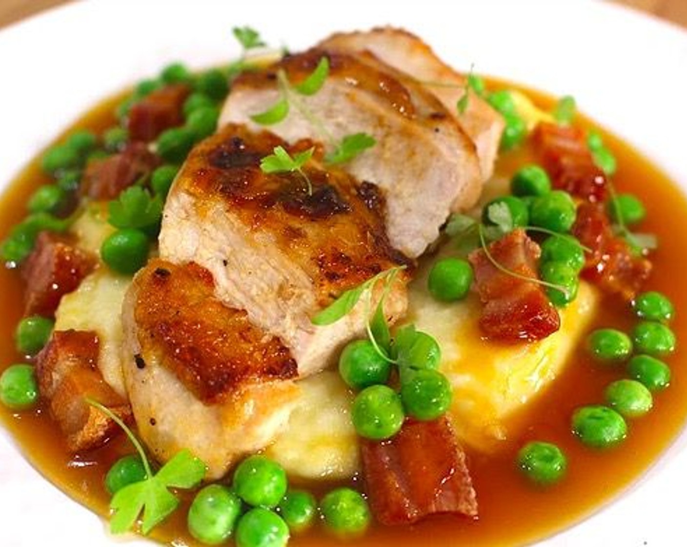 Roasted Chicken with Pommes Mousseline and Pancetta Peas